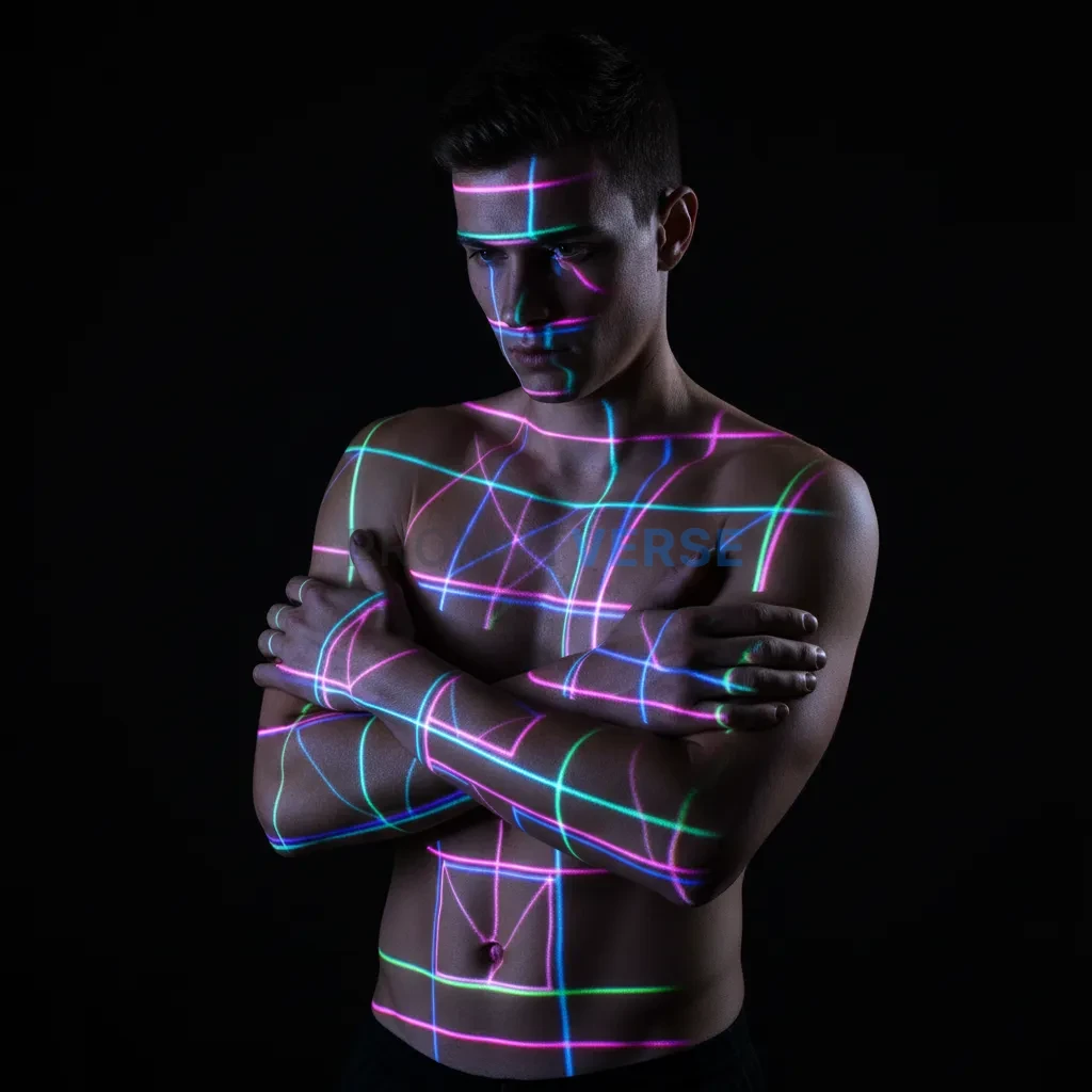 A shot of a man's torso, with geometric shapes of light projected onto his body.  - PromptVerse