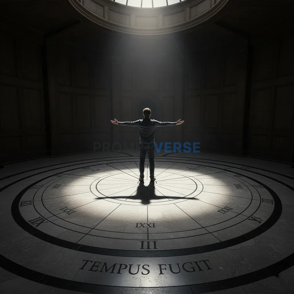 A man's body used as a sundial, his shadow moving across a marked floor as the light source moves.  - PromptVerse