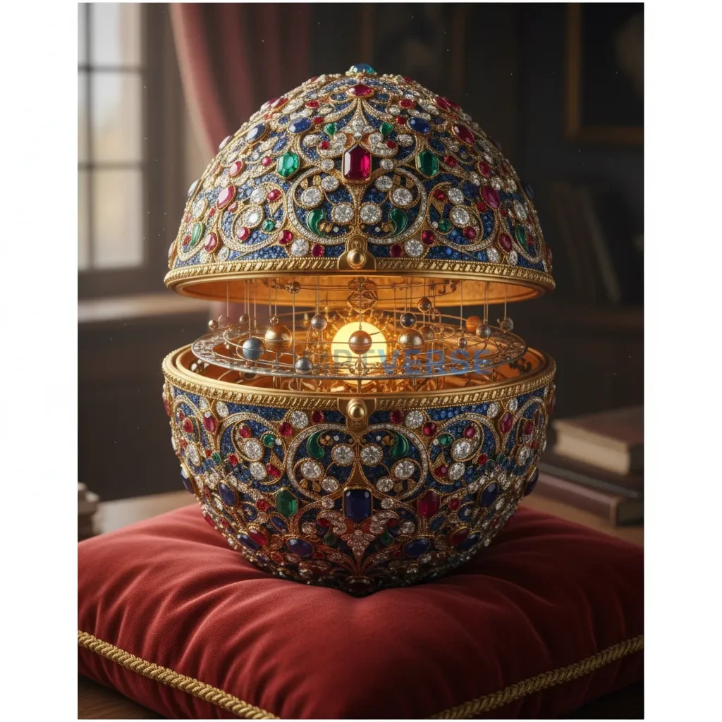 A magnificent, jewel-encrusted Fabergé egg, that opens to reveal a miniature, clockwork solar system in motion. - PromptVerse