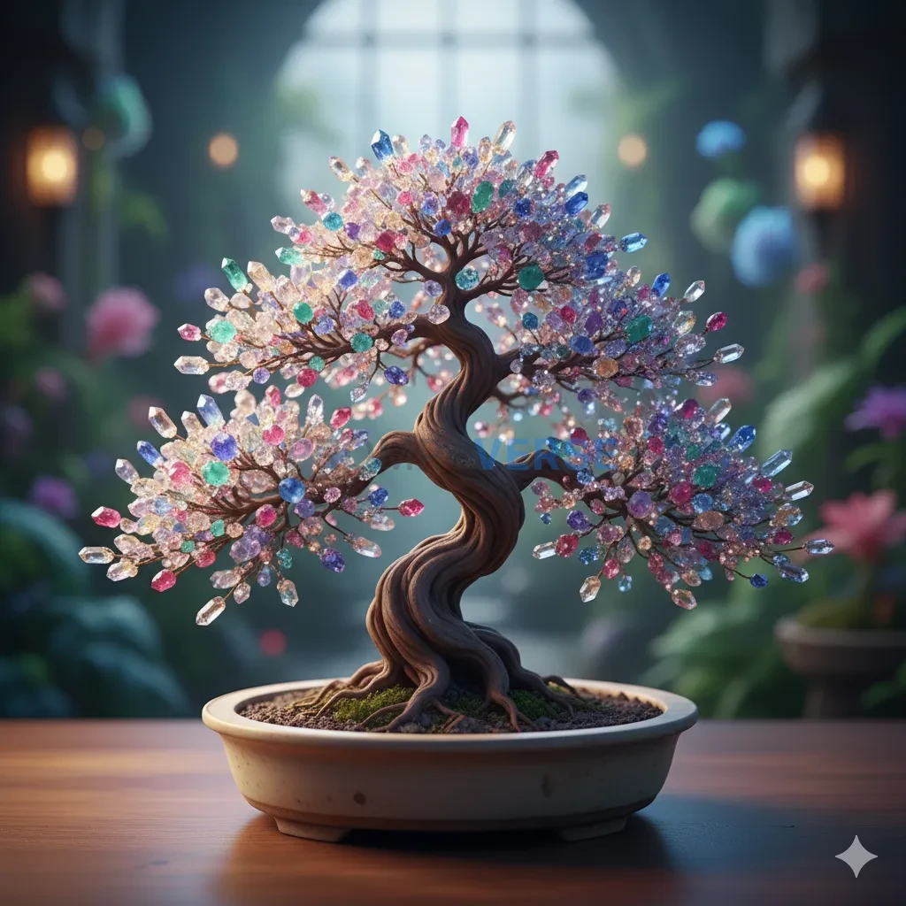 A magical, bonsai tree that grows glittering, multi-colored crystals instead of leaves, on a simple, ceramic dish. - PromptVerse