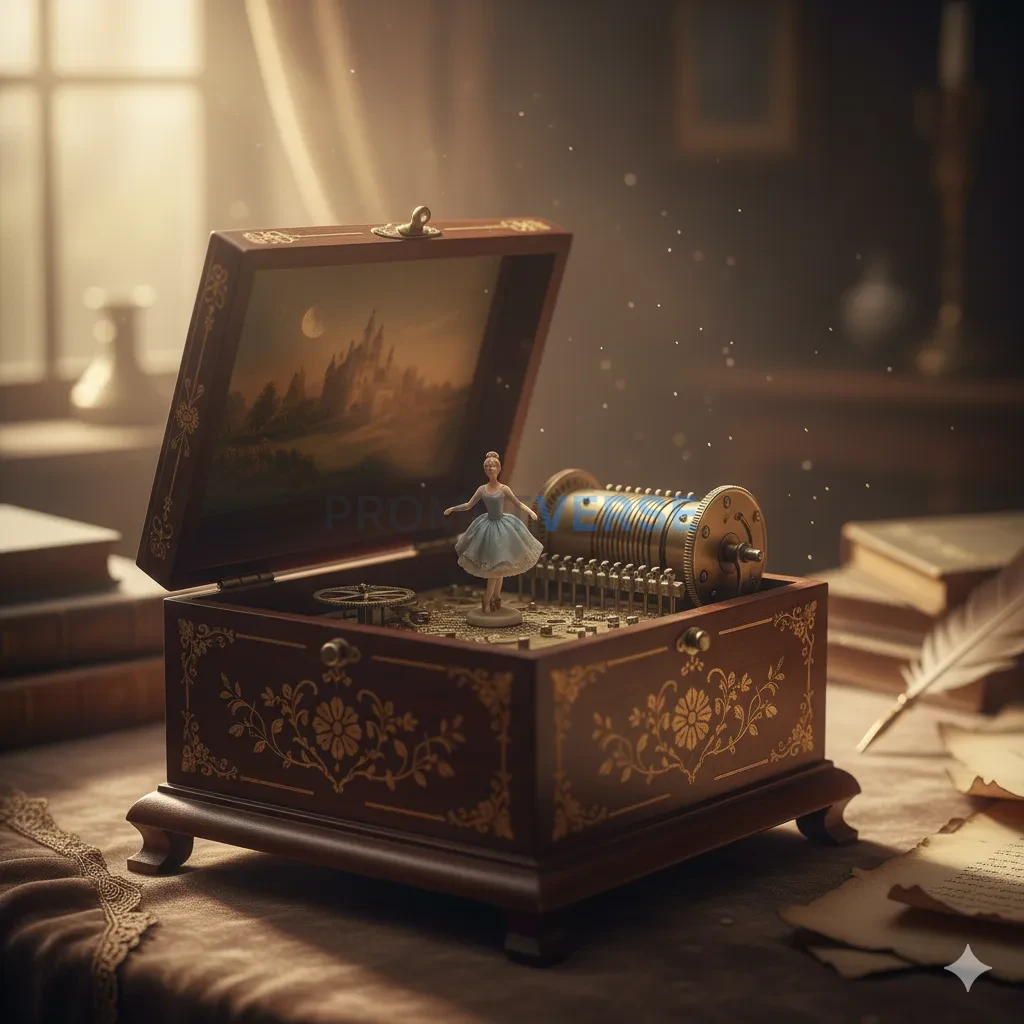 A beautiful, antique music box, open and playing a soft, melancholic tune. - PromptVerse