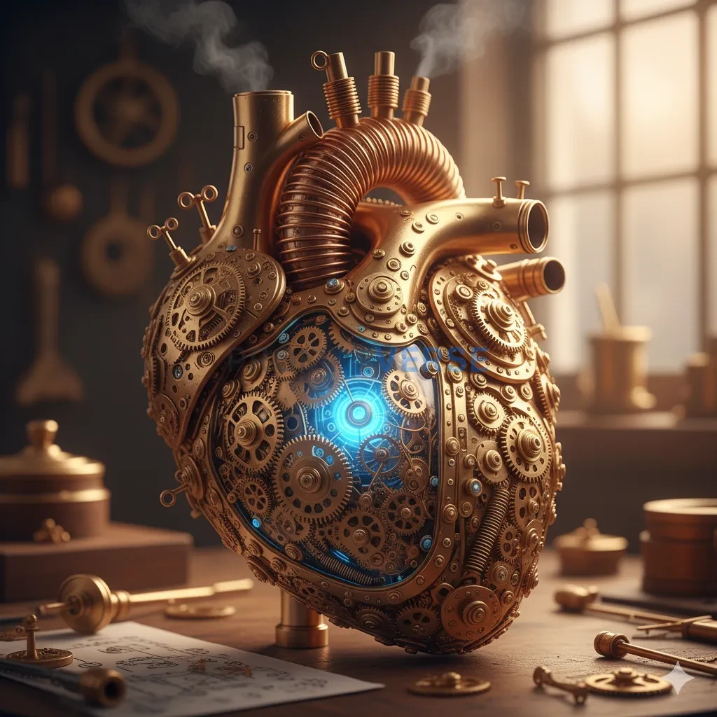 A complex, human heart, made not of flesh, but of intricate, ticking clockwork gears and polished brass. - PromptVerse
