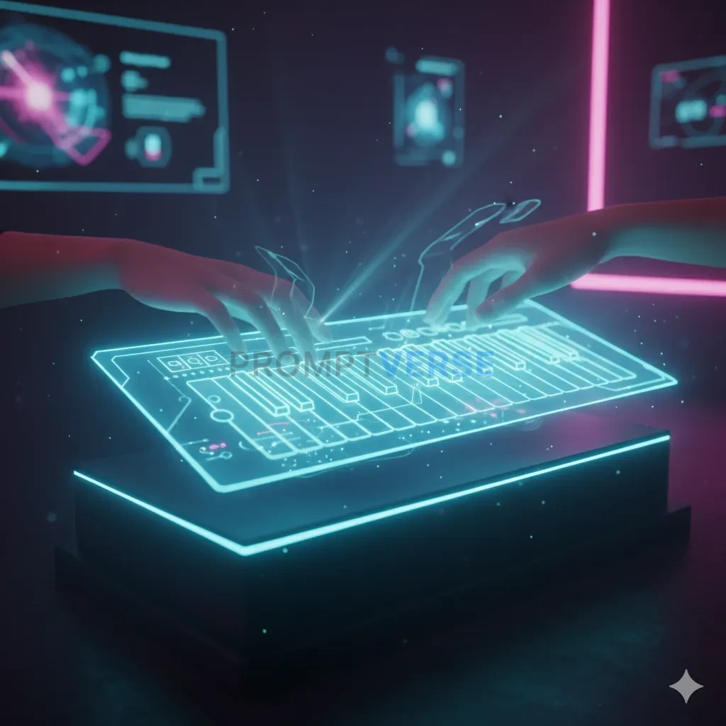 A futuristic, holographic synthesizer keyboard, its keys made of pure light, being played by a pair of disembodied hands. - PromptVerse