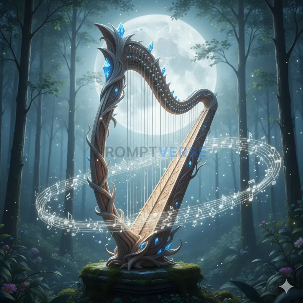 A magical, Elven harp, with strings that seem to be made of moonlight, that plays beautiful music on its own when the wind blo - PromptVerse