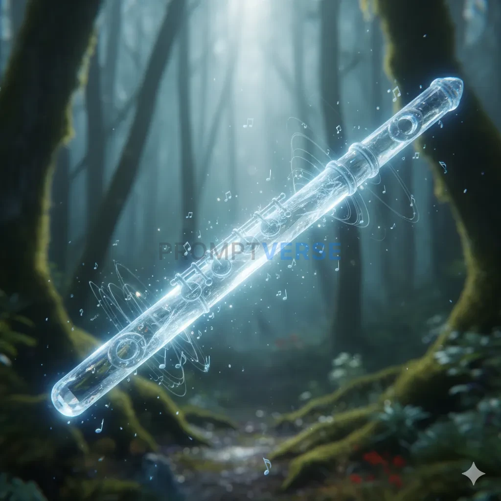 A beautiful, crystal flute, that is semi-transparent and seems to chime with a magical resonance even when not being played. - PromptVerse