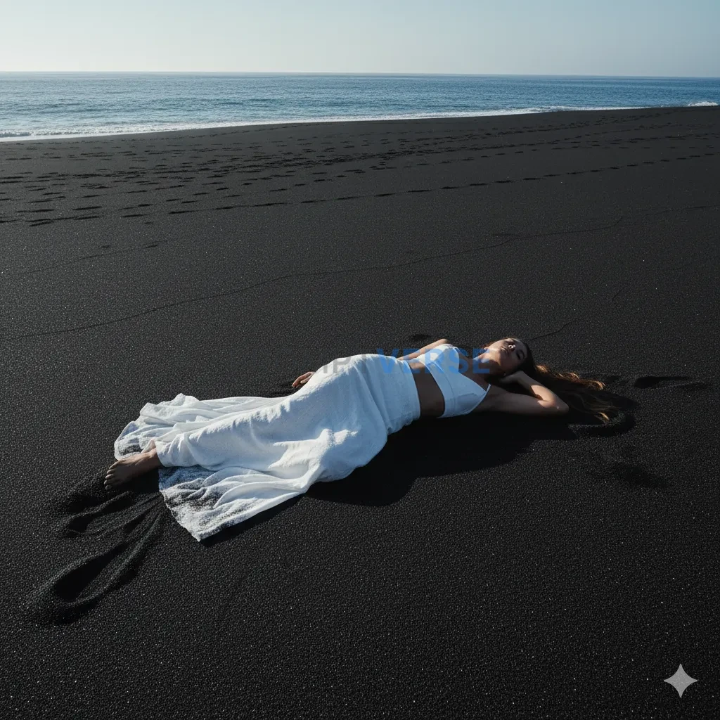 A shot of a woman in a white outfit, lying on a vast expanse of black sand, creating a powerful, graphic contrast. - PromptVerse