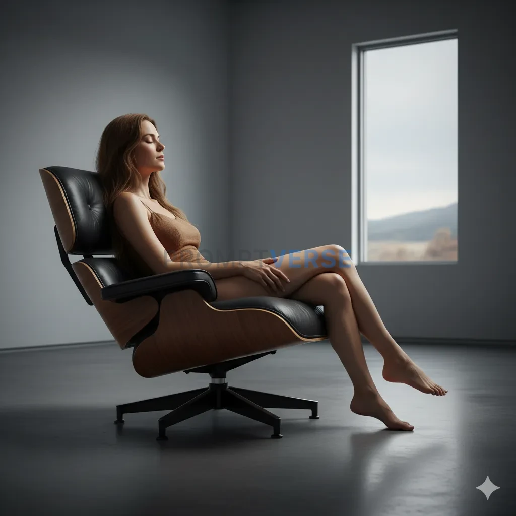 A conceptual portrait of a woman "wearing" a piece of furniture, her body integrated with a classic, designer chair. - PromptVerse