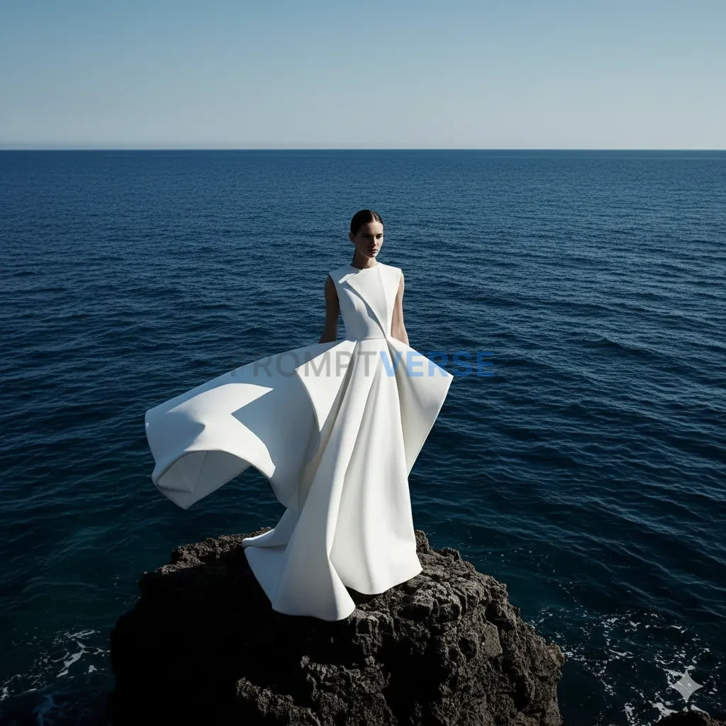 A high-contrast shot of a woman in a white dress against a deep blue sea, her form a stark, graphic element. - PromptVerse