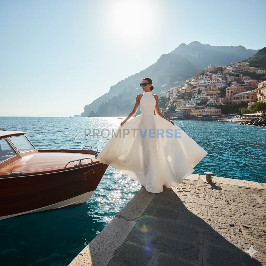 A cinematic shot of a woman stepping off a boat, her white dress a stark contrast to the deep blue water. - PromptVerse