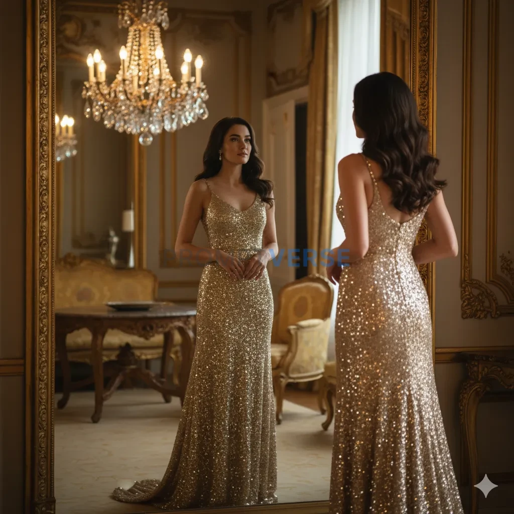 A glamorous woman in a floor-length, shimmering gold sequin gown, looking at her reflection in an ornate, gilded mirror in a P - PromptVerse