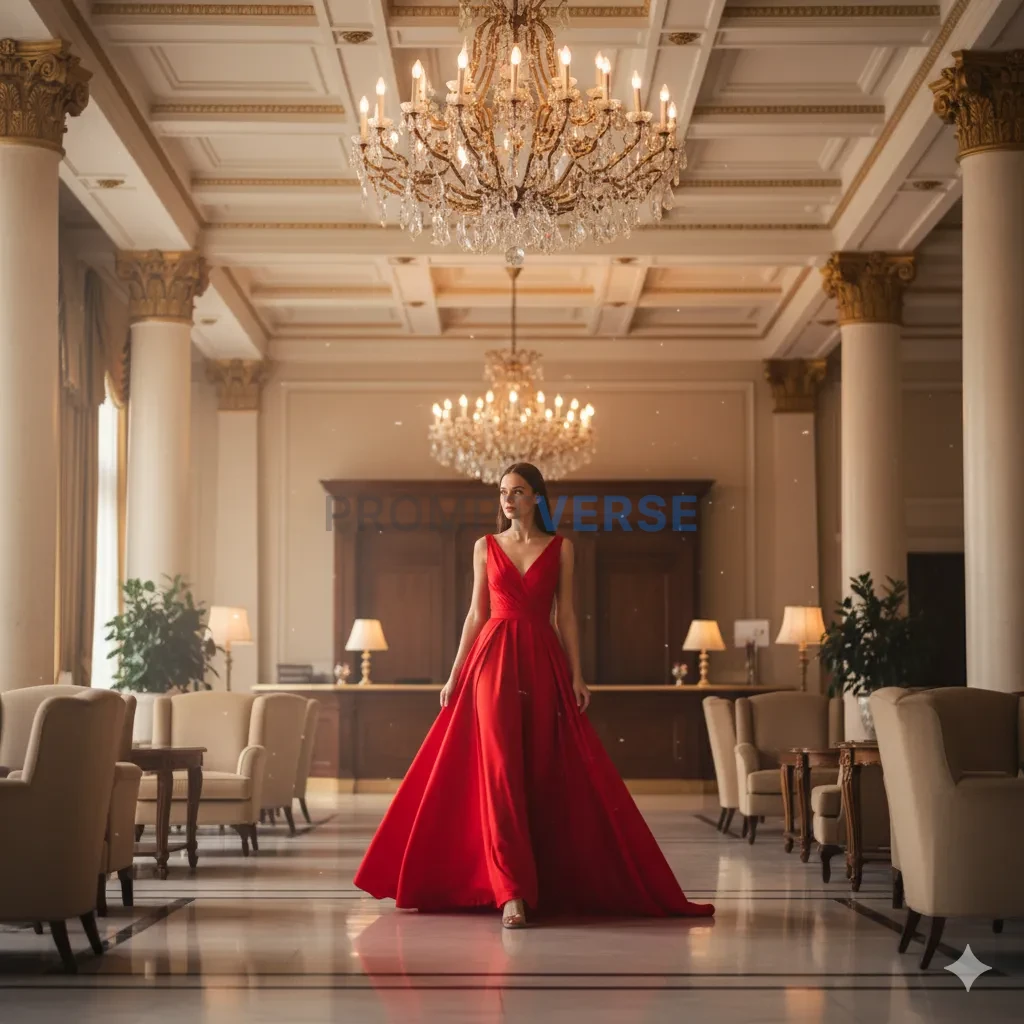 A cinematic shot of a woman in a red dress, her form a vibrant splash of color in a grand, neutral-toned hotel lobby. - PromptVerse