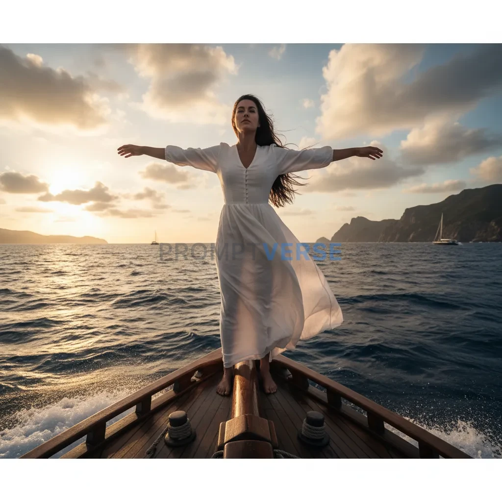 A powerful shot of a woman in a white dress, standing on the bow of a wooden boat, her arms outstretched like a figurehead. - PromptVerse