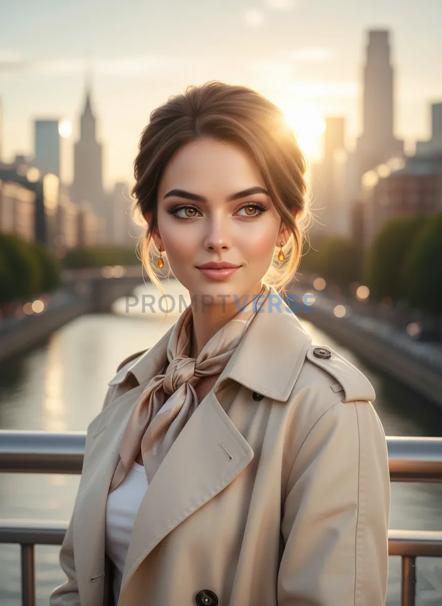 Portrait of woman standing on a bridge with sunlight on her face, urban travel aesthetic. - PromptVerse