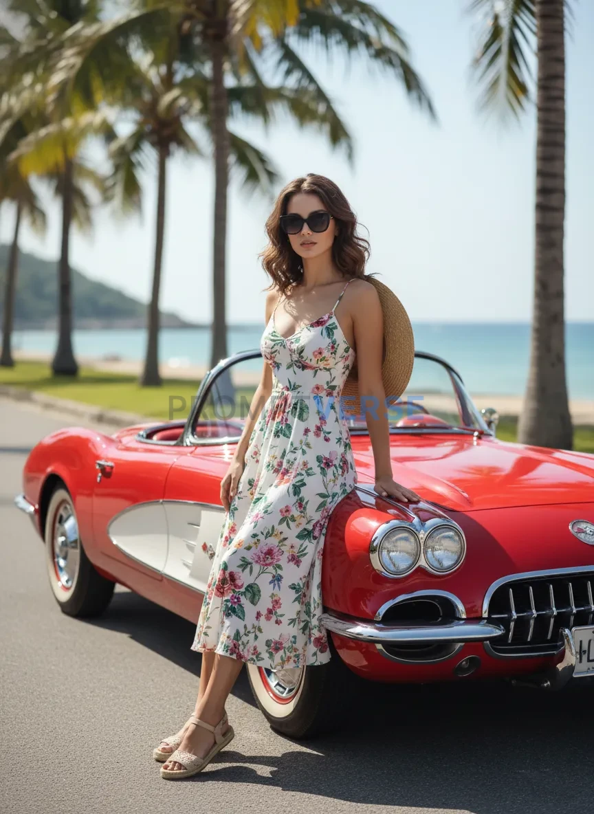 Stylish woman posing beside a vintage red car, palm trees in the background, summer vibe. - PromptVerse