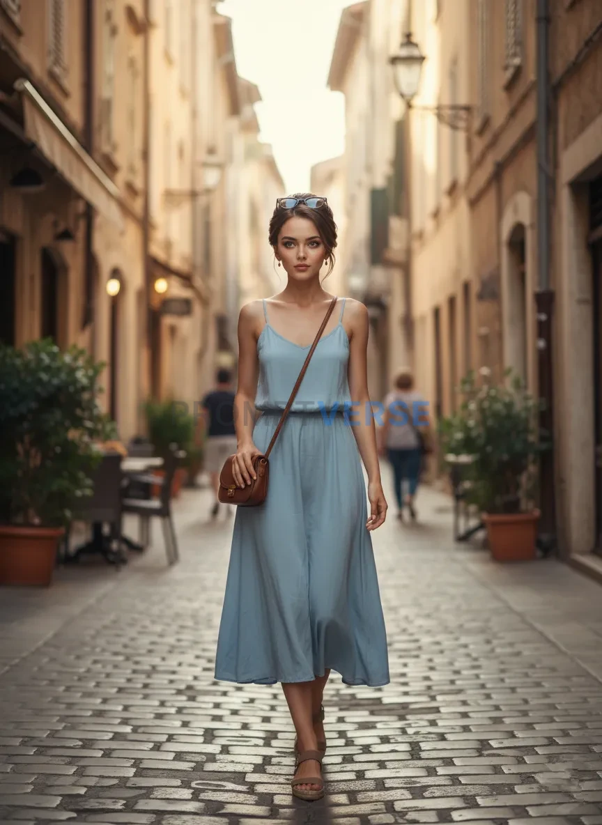 Traveler woman walking through a European city street, wearing casual dress, soft morning light. - PromptVerse