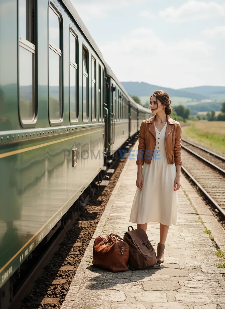Young woman standing near a train, looking into the distance, natural daylight, travel mood. - PromptVerse
