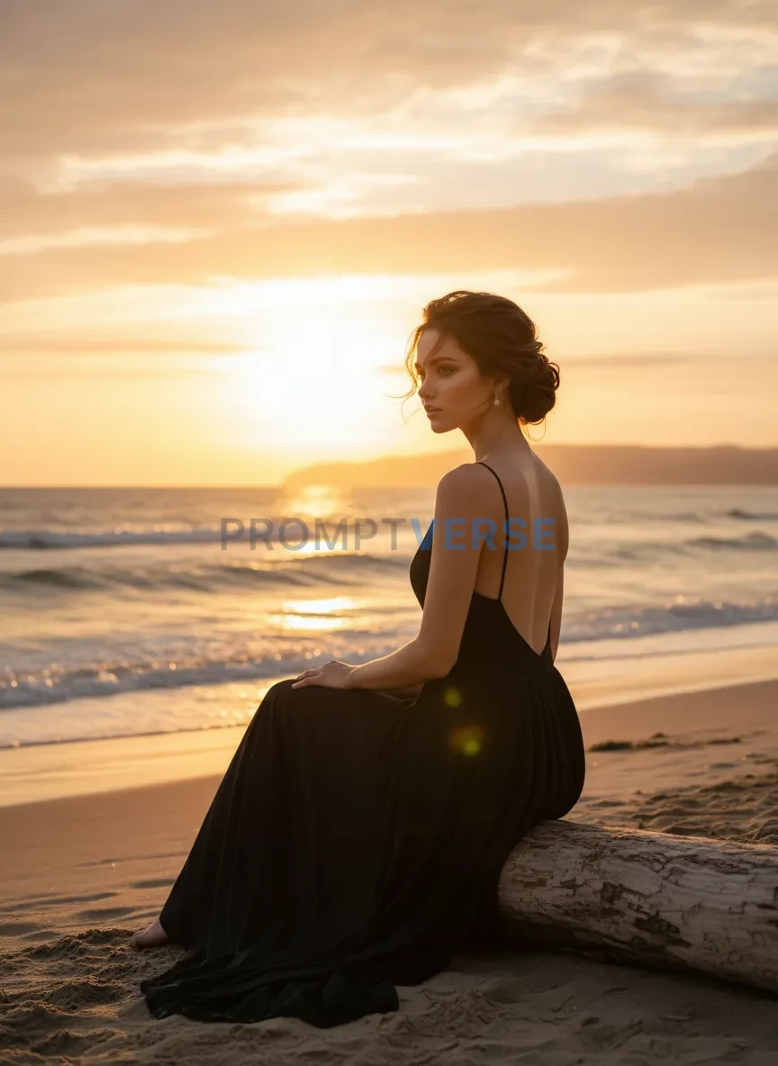 Woman sitting by the beach at sunset, wearing a black backless dress, cinematic golden hour tone. - PromptVerse