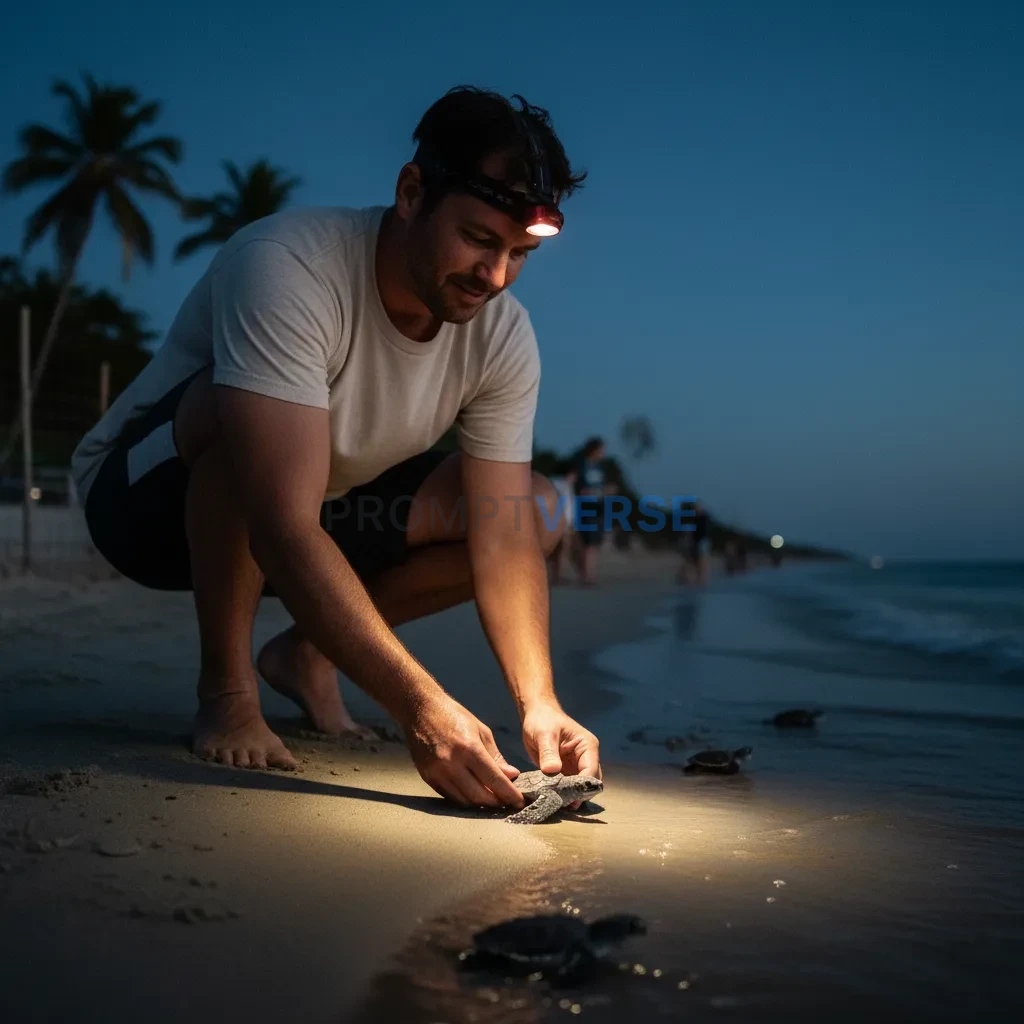 A traveler volunteering at a sea turtle conservation project, carefully guiding a baby turtle to the ocean.  - PromptVerse