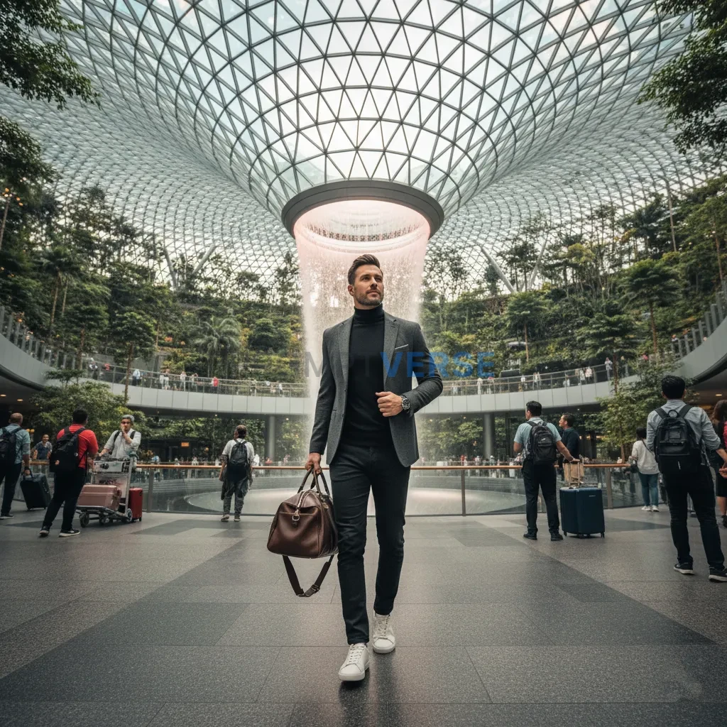 A stylish man walking through a futuristic, architecturally stunning airport in Singapore, on his way to the next adventure.  - PromptVerse