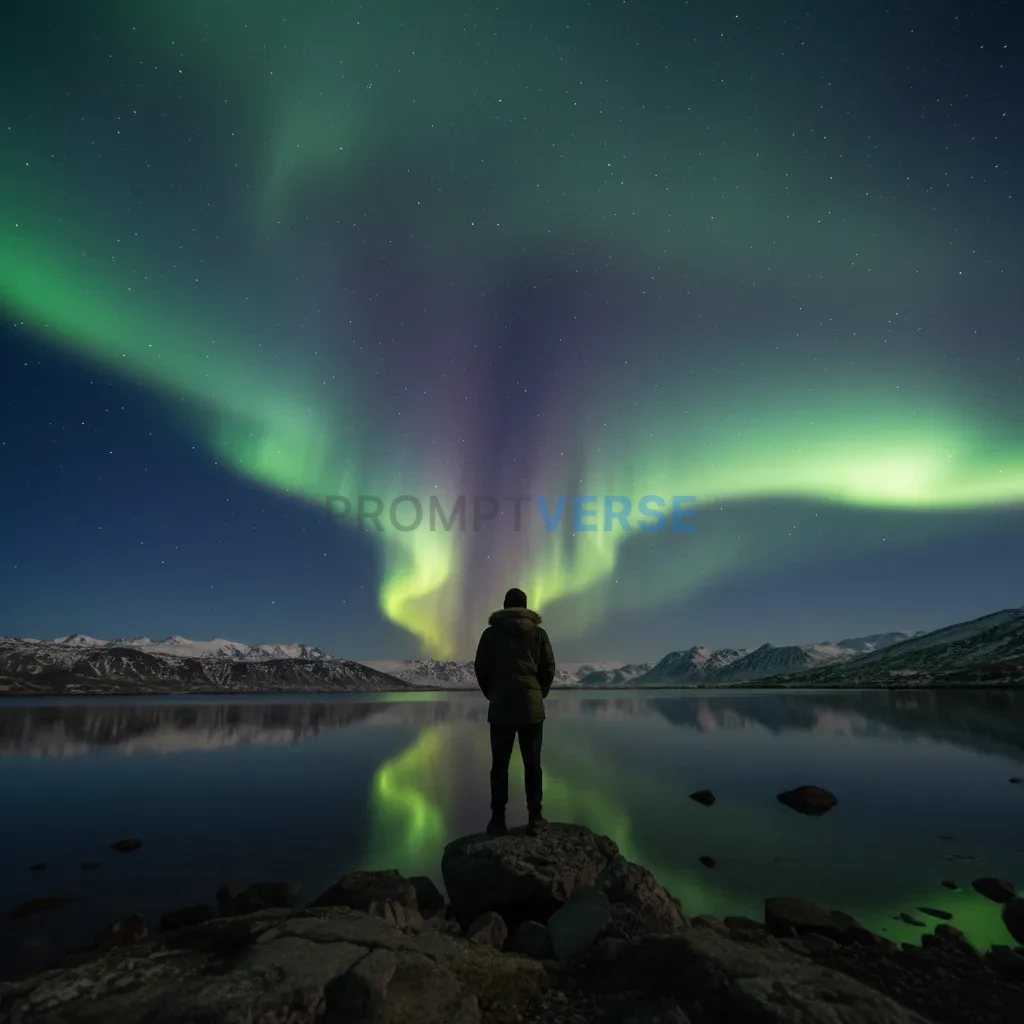 A man silhouetted against the vibrant green and purple curtains of the Aurora Borealis in Iceland, a magical moment.  - PromptVerse