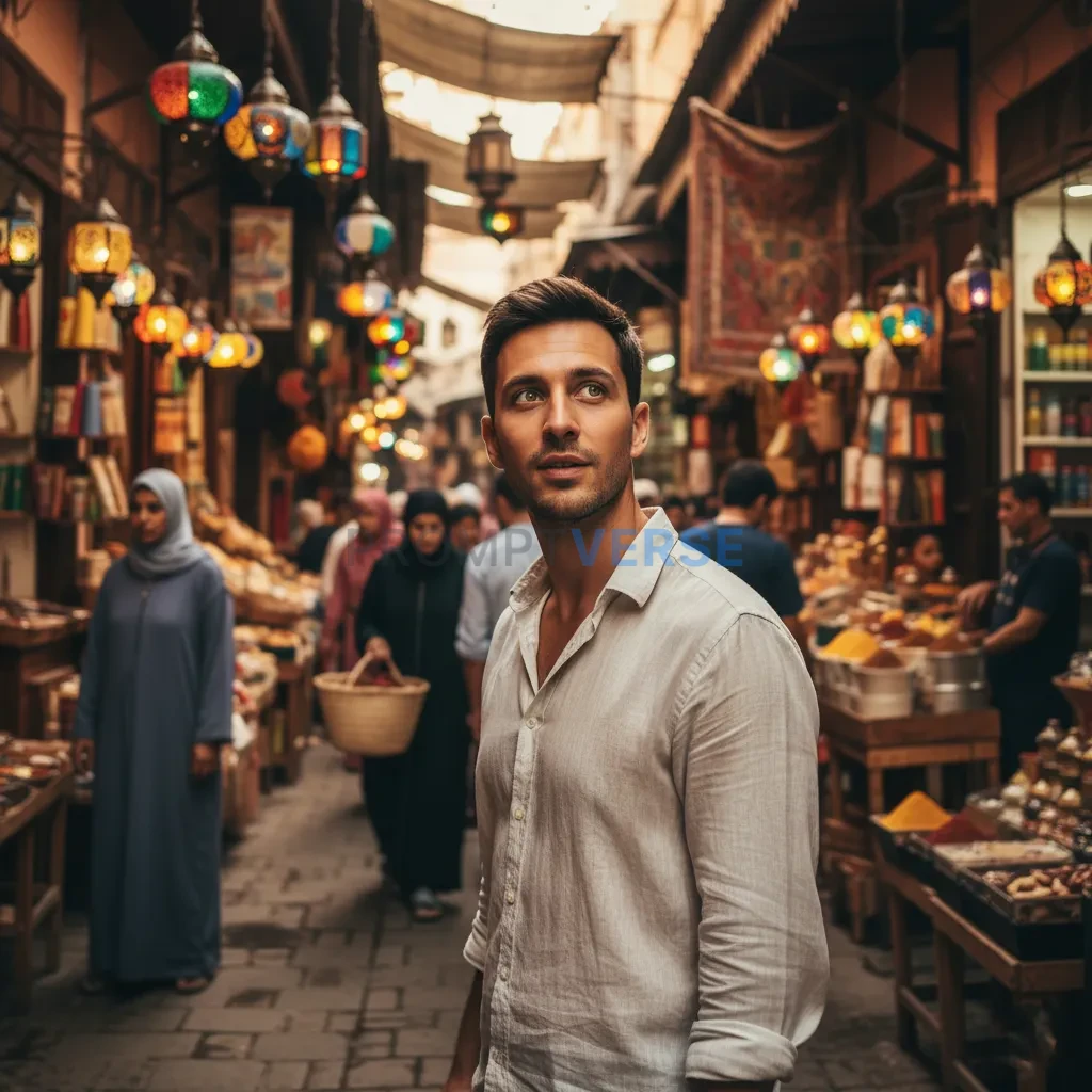 A candid shot of a man laughing as he barters with a street vendor in a colorful Southeast Asian market, a moment of authentic - PromptVerse
