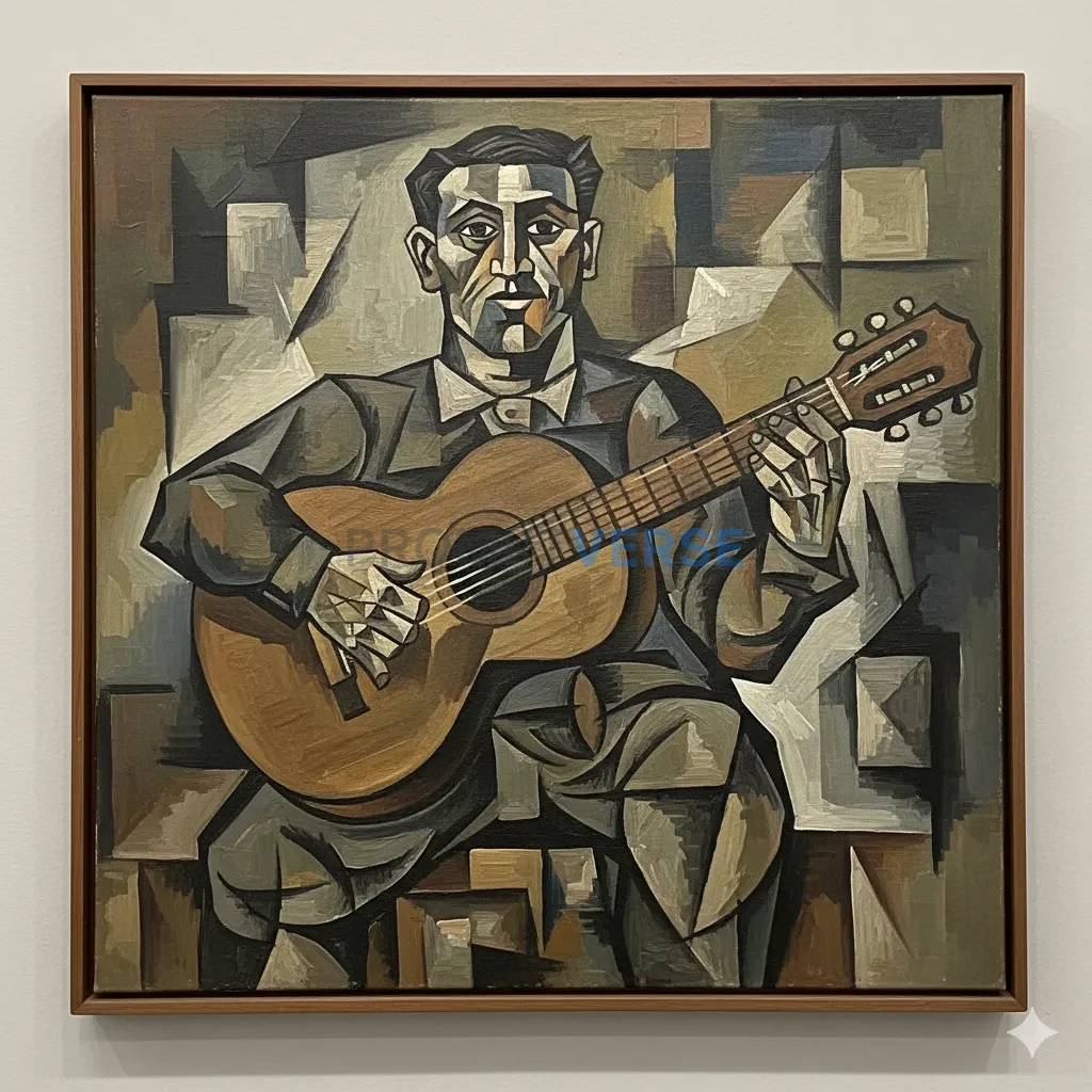 A cubist painting of a man playing a guitar, his form deconstructed into multiple, overlapping geometric shapes and viewpoints - PromptVerse