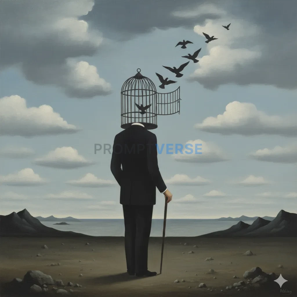 A surrealist oil painting of a man whose head is an open birdcage, with birds flying out into a cloudy sky, in the style of Re - PromptVerse