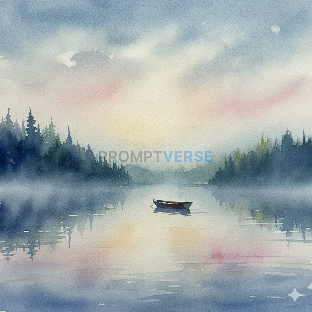 Soft, ethereal watercolor painting, a misty lake at dawn with a lone boat, the colors bleeding gently into each other. - PromptVerse