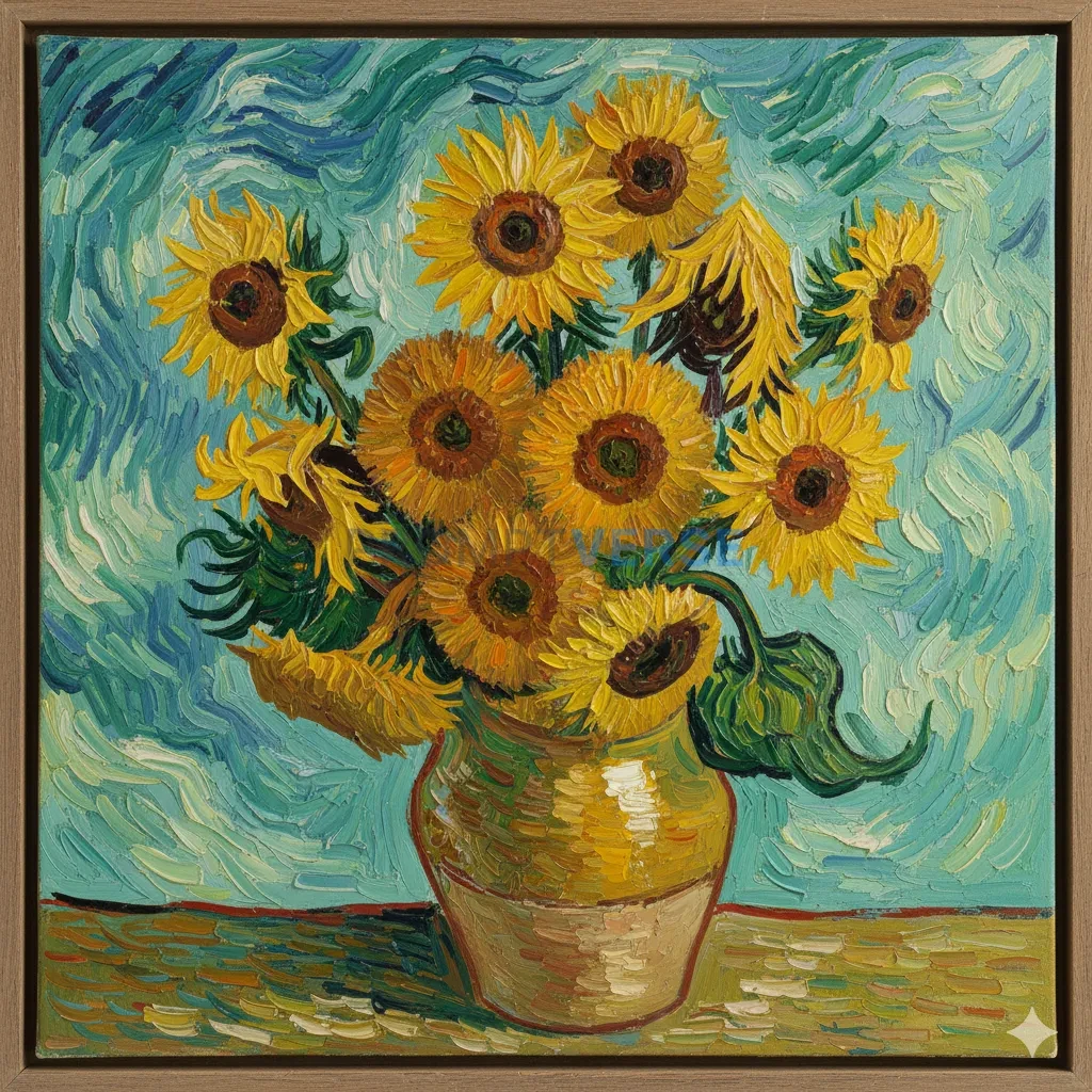 Vibrant, expressive oil painting, a bouquet of sunflowers in a vase, with thick, impasto brushstrokes, in the style of Vincent - PromptVerse