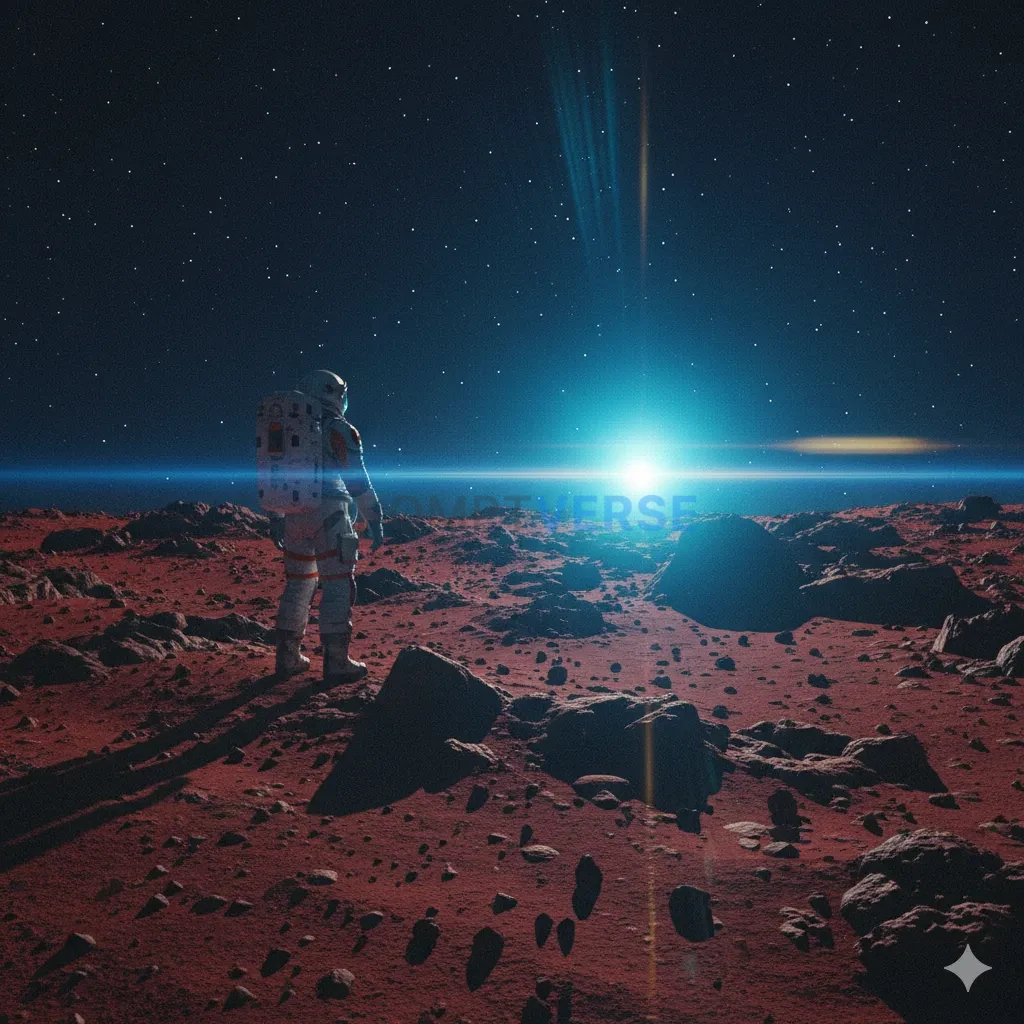 Cinematic wide shot, a lone astronaut standing on a barren, red planet, watching a blue sunrise, anamorphic lens flare, film g - PromptVerse