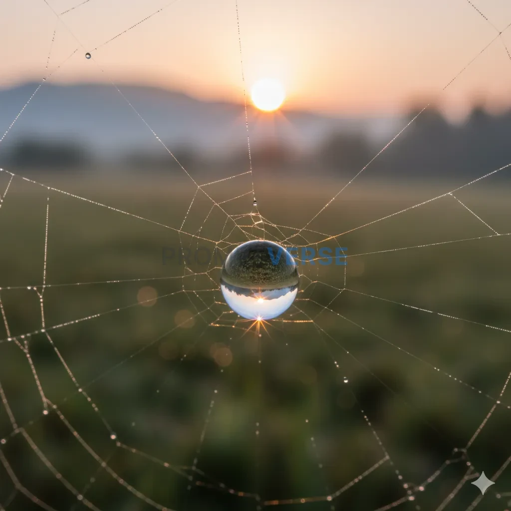 Macro photography, a single, perfect dew drop on a spider's web, reflecting the entire morning landscape within it, tack sharp - PromptVerse