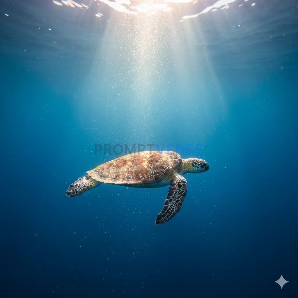 Underwater photography, a graceful sea turtle swimming through a sunbeam in the deep blue ocean. - PromptVerse