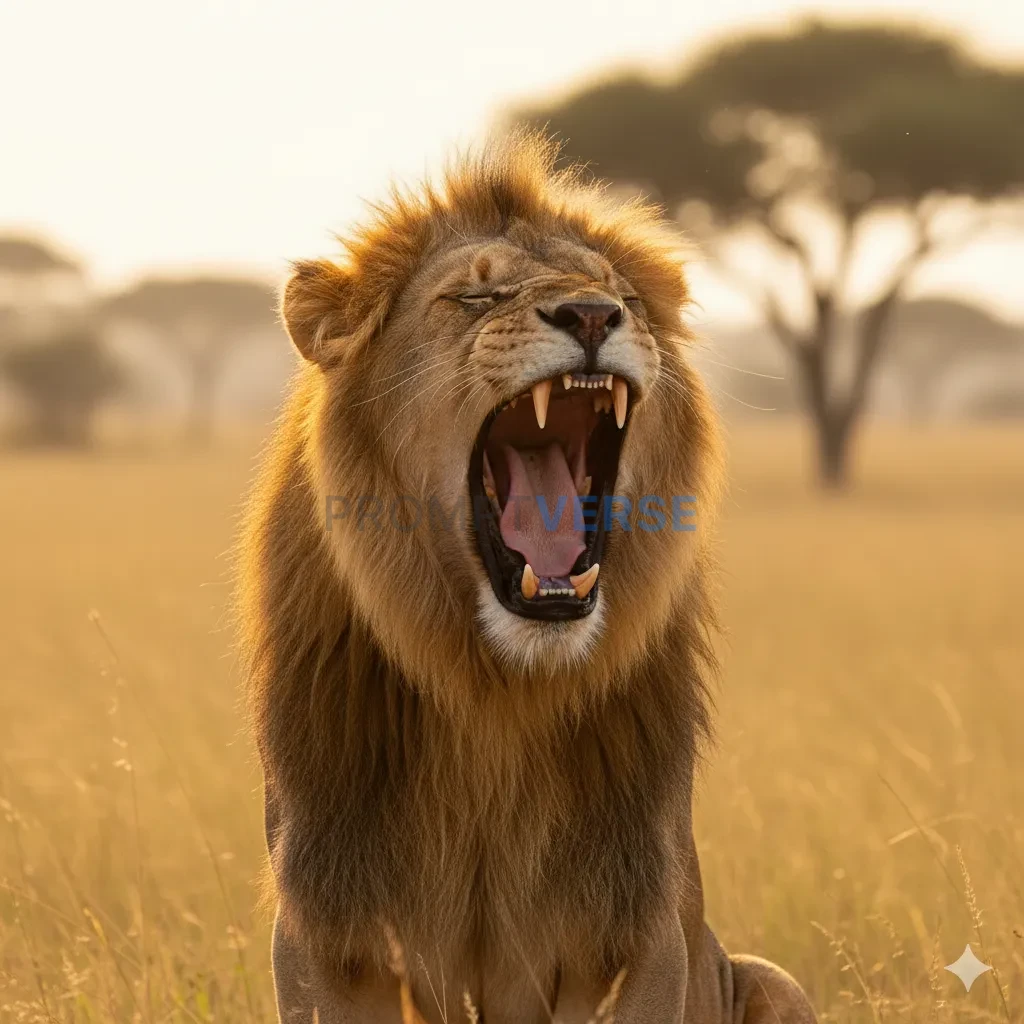 Wildlife photography, a majestic lion yawning in the golden light of the African savanna, captured with a long telephoto lens. - PromptVerse