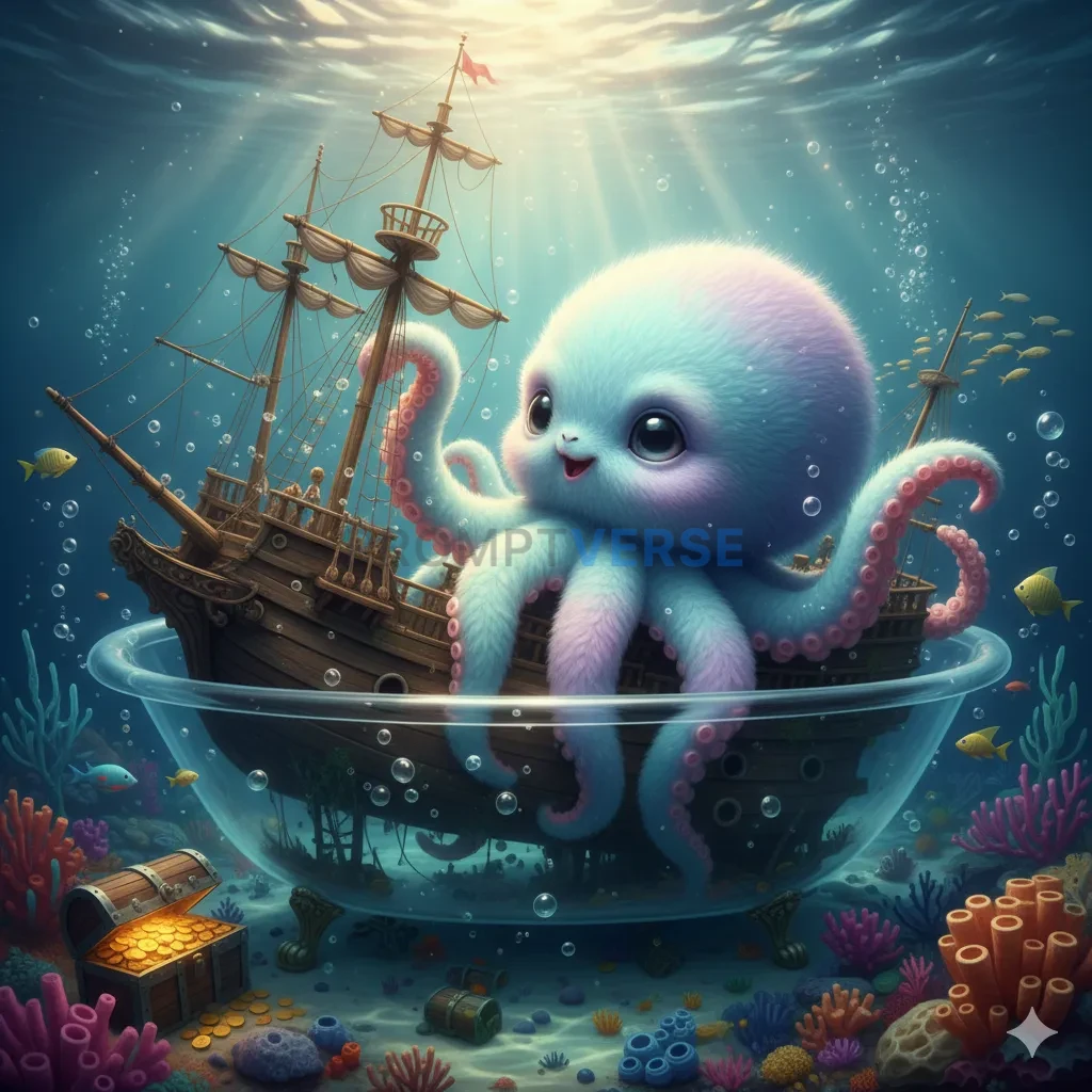A cute, fluffy baby Kraken, playing with a sunken shipwreck as if it were a bath toy. - PromptVerse