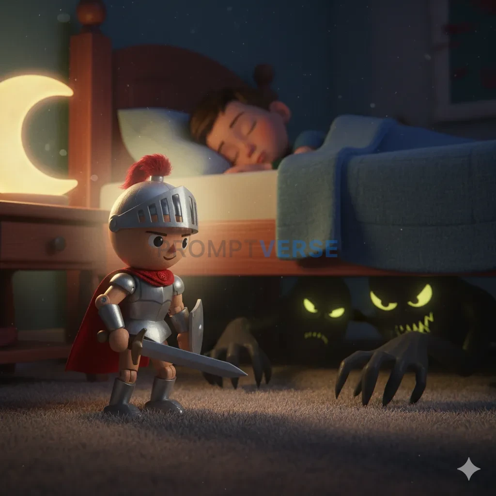Pixar 3D style, a brave little toy knight made of wood, guarding a sleeping child's bed from shadowy monsters under the bed. - PromptVerse