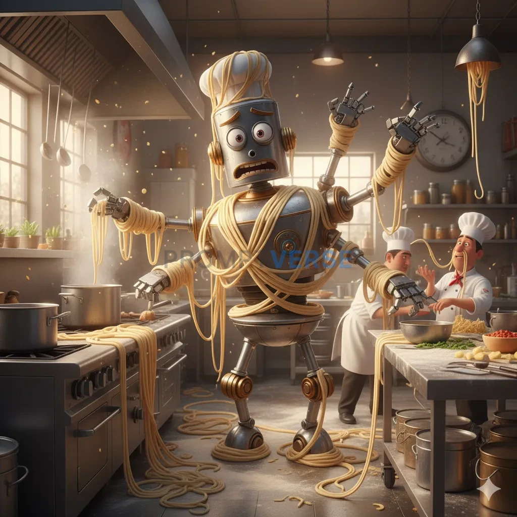 Pixar 3D style, a clumsy but well-meaning robot chef in a bustling kitchen, constantly getting tangled in pasta dough. - PromptVerse