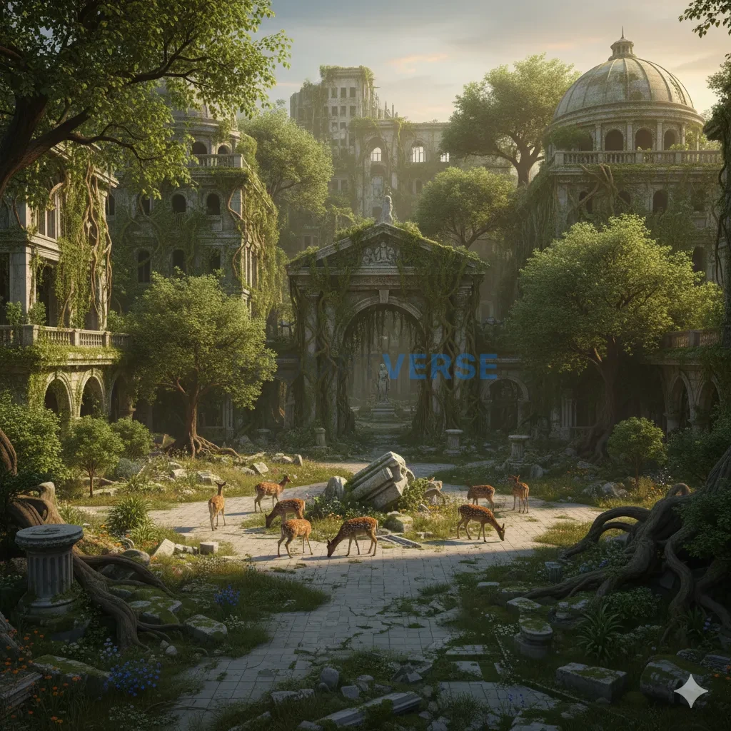 The haunting ruins of a once-great city, now completely overgrown with vines and trees, with a herd of deer grazing in a crumb - PromptVerse