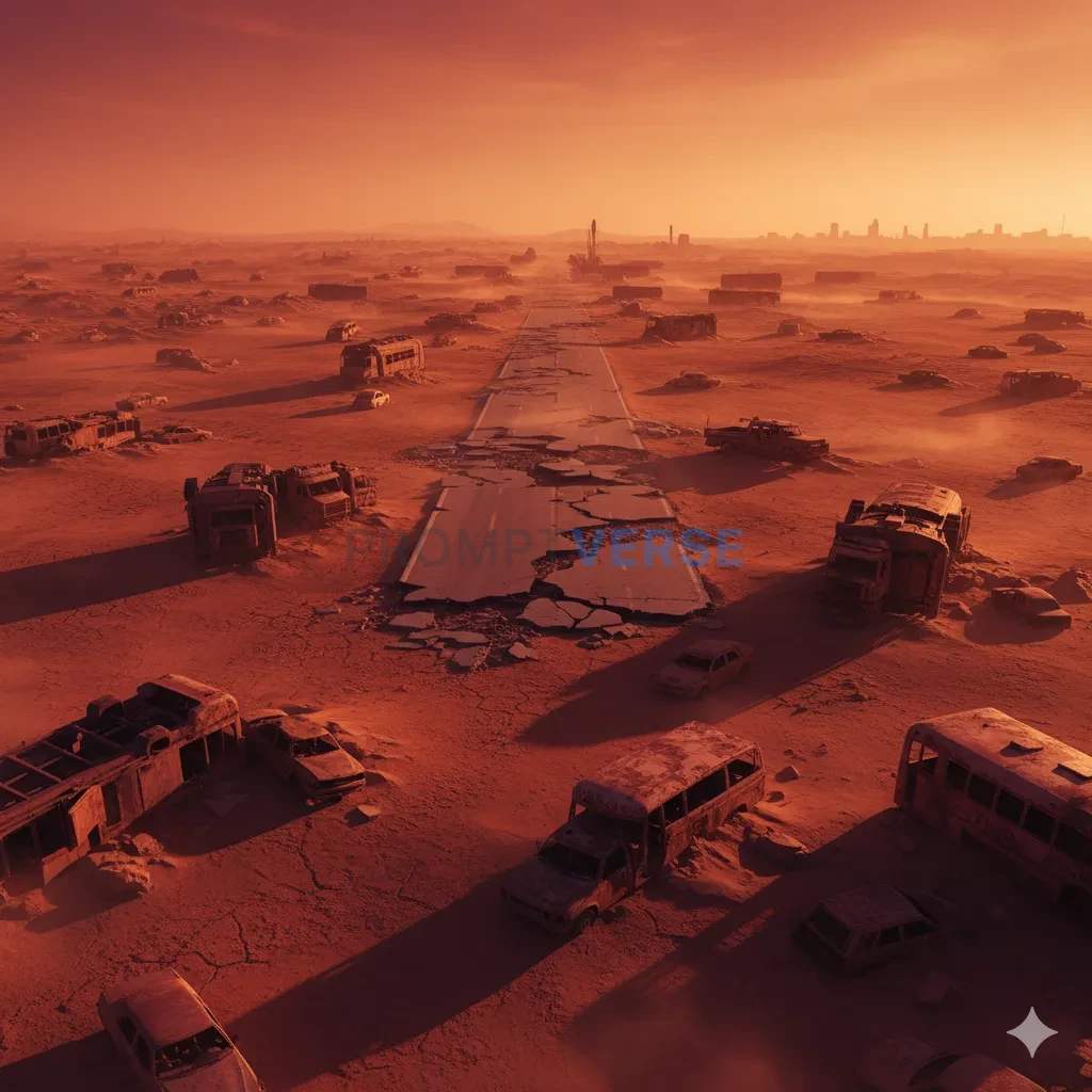 A vast, rust-colored desert wasteland, littered with the skeletal remains of wrecked vehicles and forgotten highways stretchin - PromptVerse