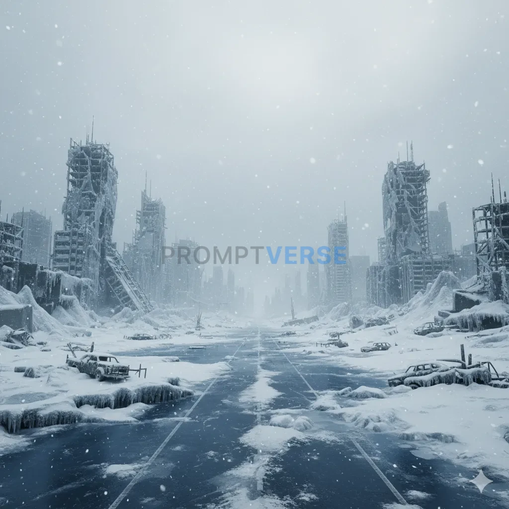 A frozen, post-nuclear wasteland, with the skeletal remains of buildings covered in snow and ice under a perpetually grey sky. - PromptVerse