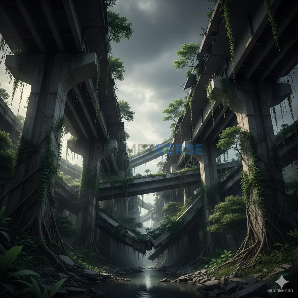 The skeletal remains of a massive highway interchange, collapsed and twisted, with vines growing over the concrete. - PromptVerse