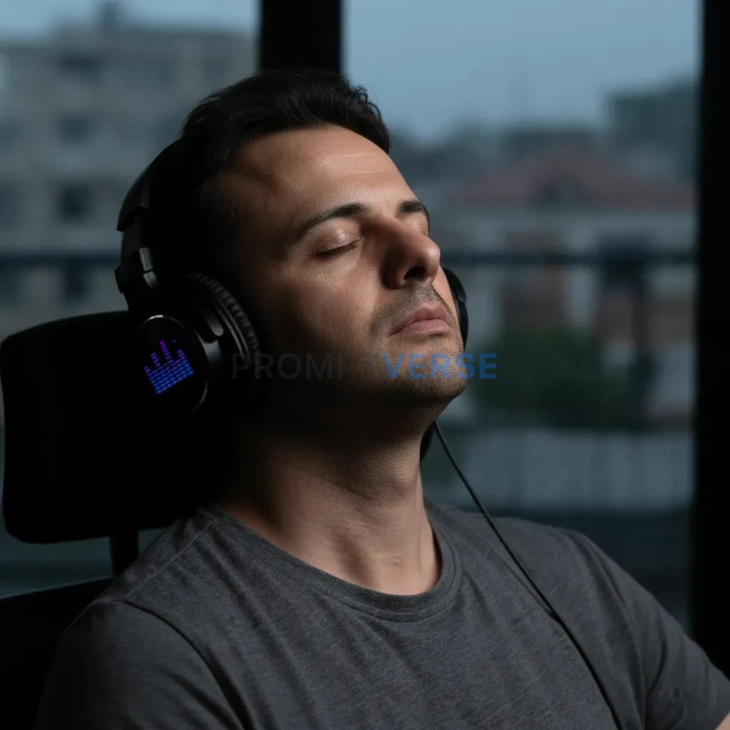 A man with a look of quiet intensity, listening to heavy music on his headphones, tuning out the world.  - PromptVerse