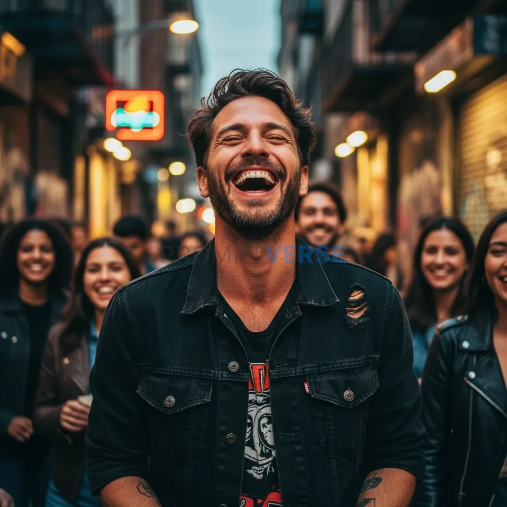 A man with a rebellious spirit, captured in a candid moment of laughter, his joy infectious and real.  - PromptVerse