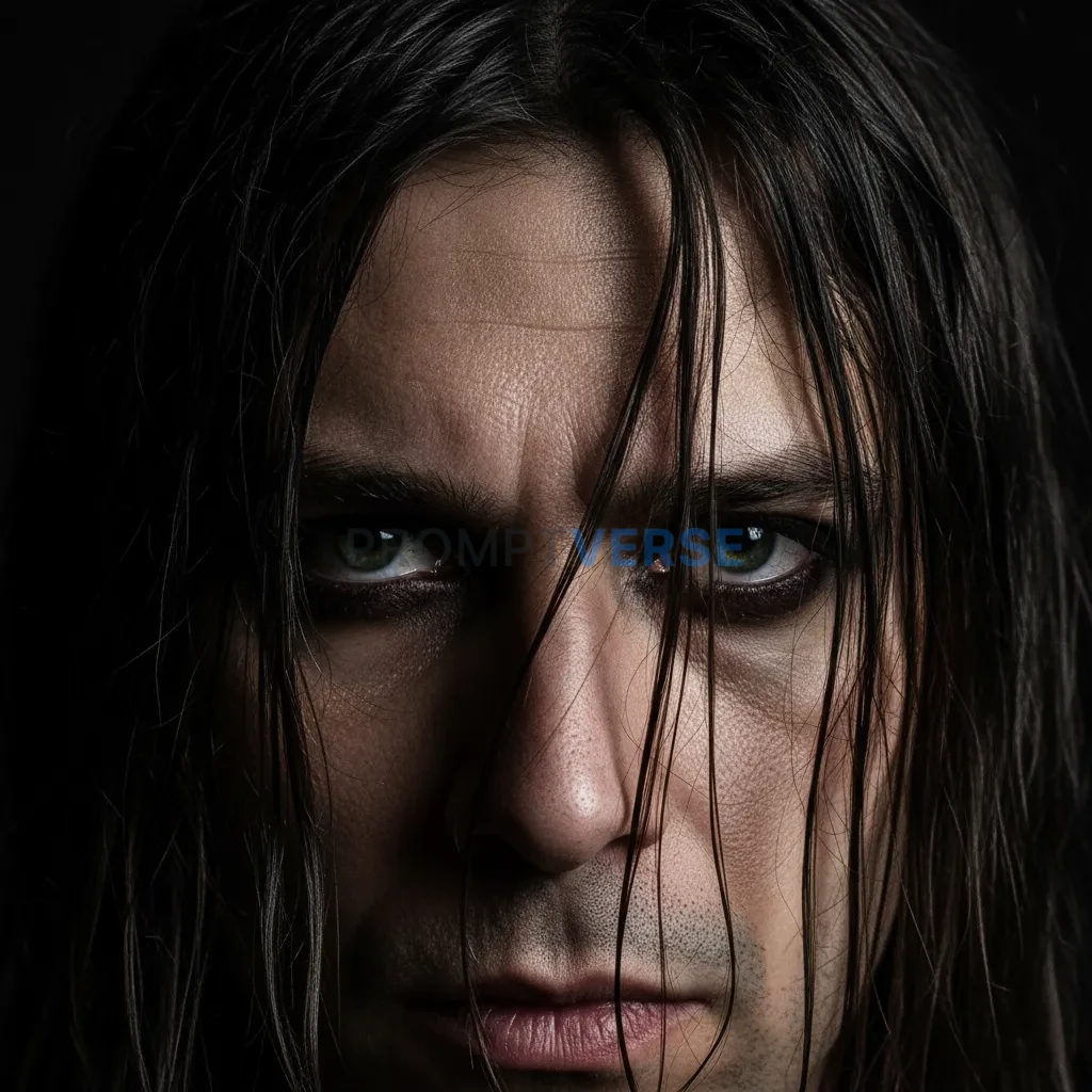 A close-up of a man's intense eyes, wearing dark eyeliner, peering out from under the shadow of his long hair.  - PromptVerse