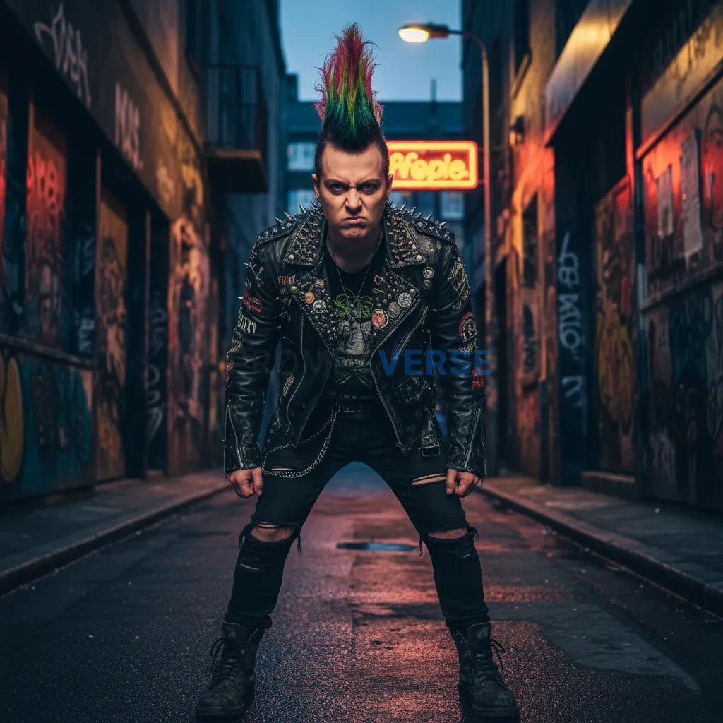 A punk rocker with a tall, colorful mohawk and a studded leather jacket, giving a defiant sneer to the camera in a gritty, gra - PromptVerse
