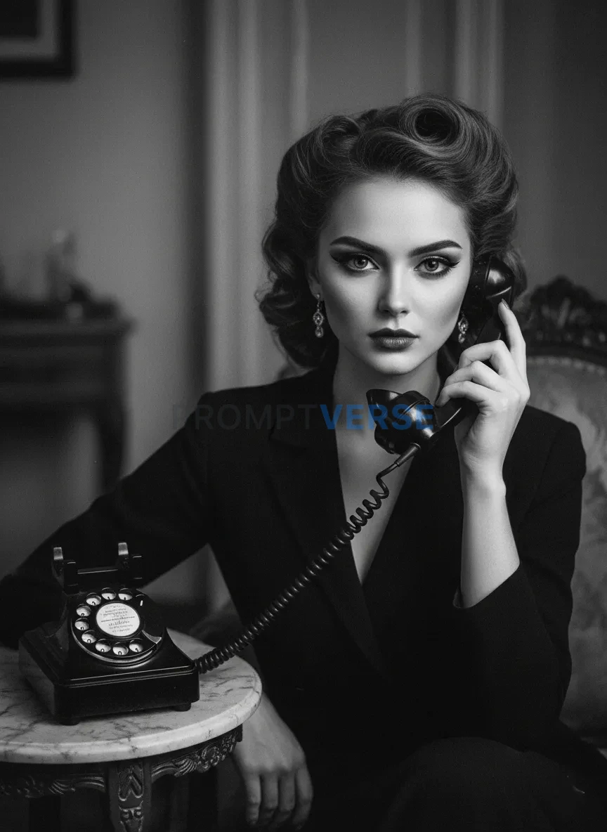 Woman in vintage makeup holding telephone, black and white film look. - PromptVerse