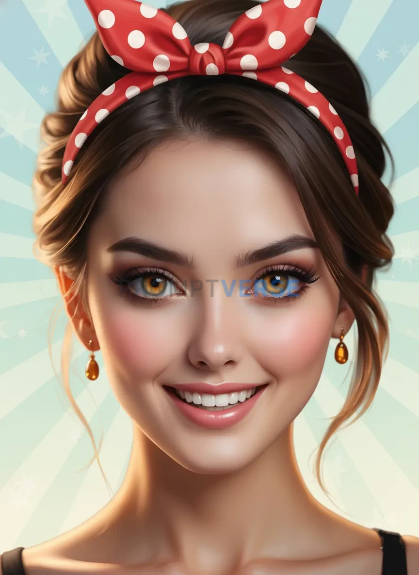 Pin-up style portrait with bow headband, smiling expression, pastel retro tones. - PromptVerse
