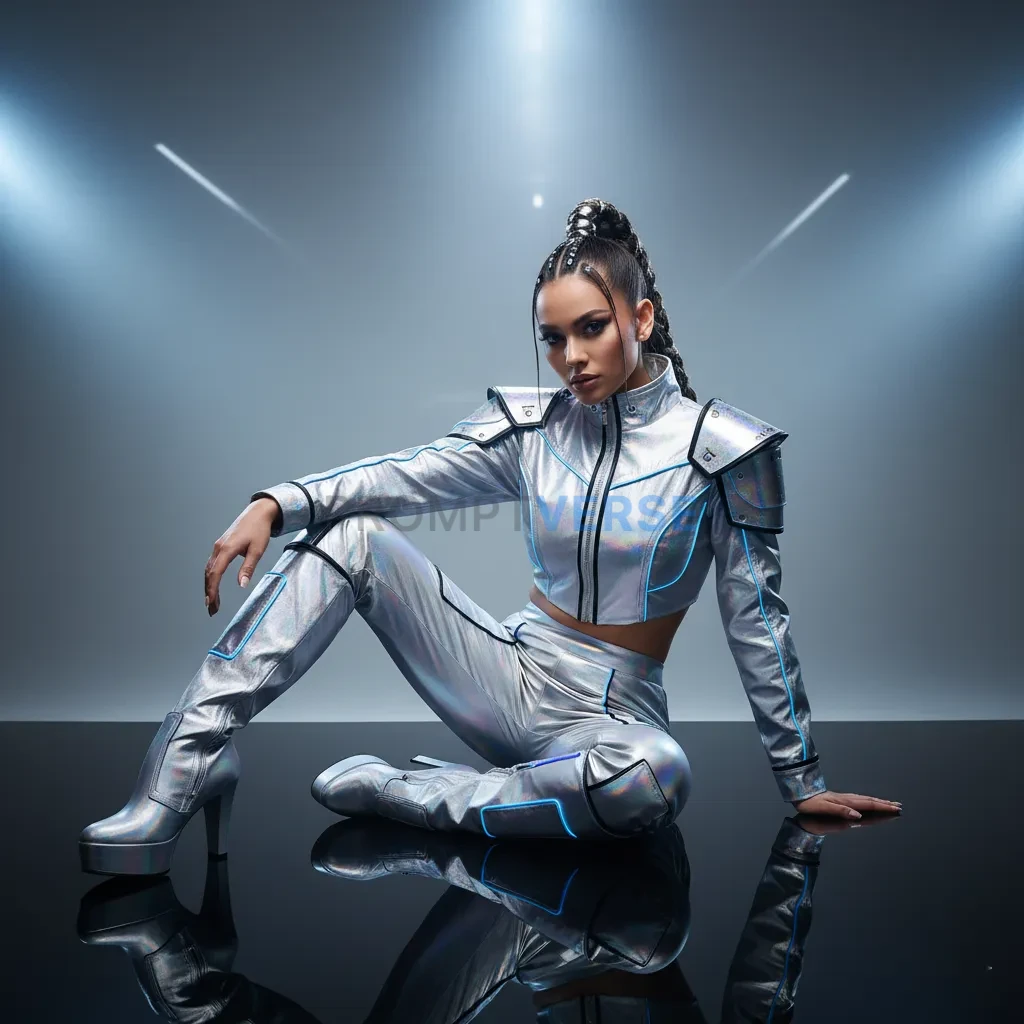 Stylish woman in silver futuristic outfit sitting confidently, studio lighting, glossy surface. - PromptVerse