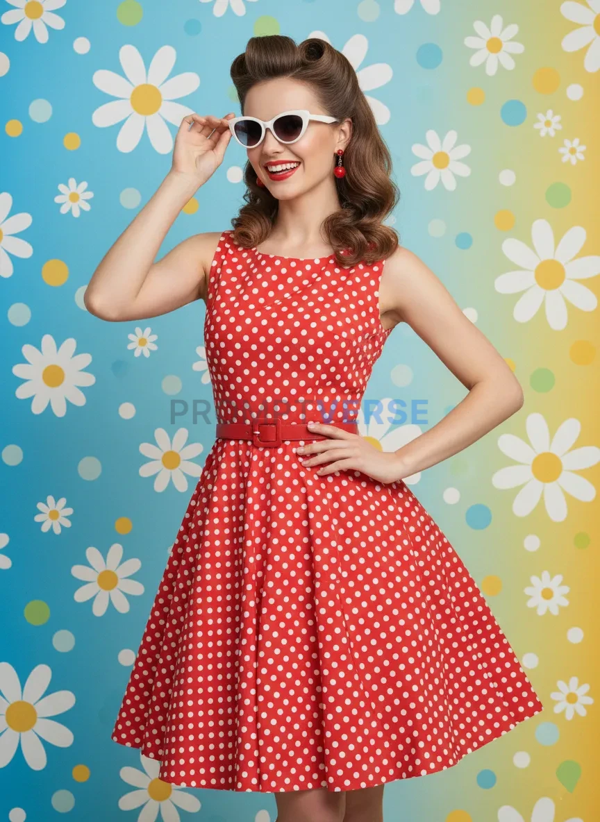 Woman in retro polka-dot dress posing playfully, 1950s vibe, colorful studio background. - PromptVerse