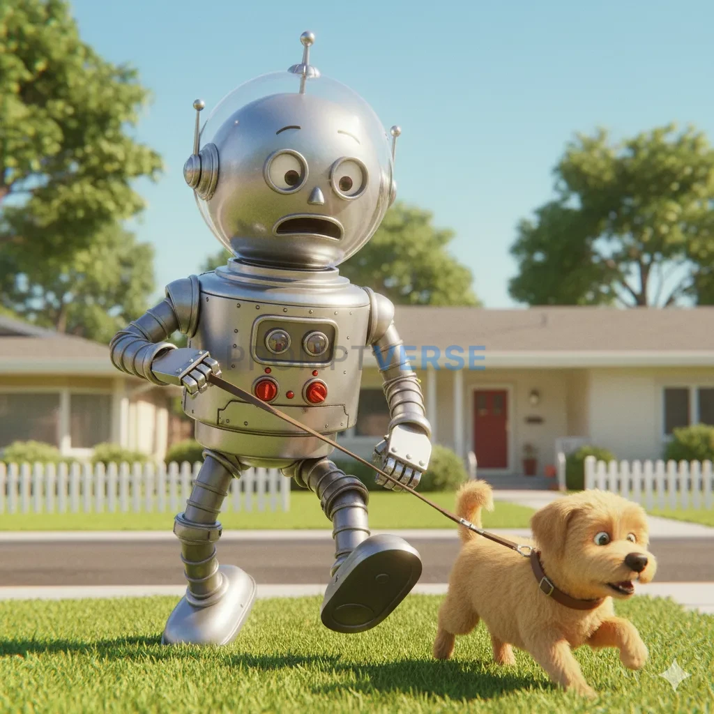 A friendly, retro-style robot from the 1950s with a bubble-glass head, clumsily trying to walk a dog on a leash in a suburban  - PromptVerse
