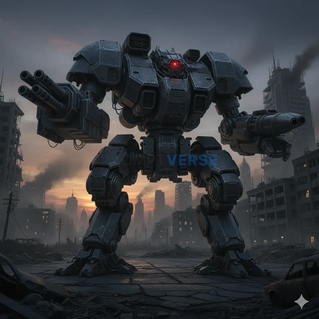A massive, heavily-armored war mech, covered in battle scars and armed with huge cannons, standing guard over a desolate, post - PromptVerse